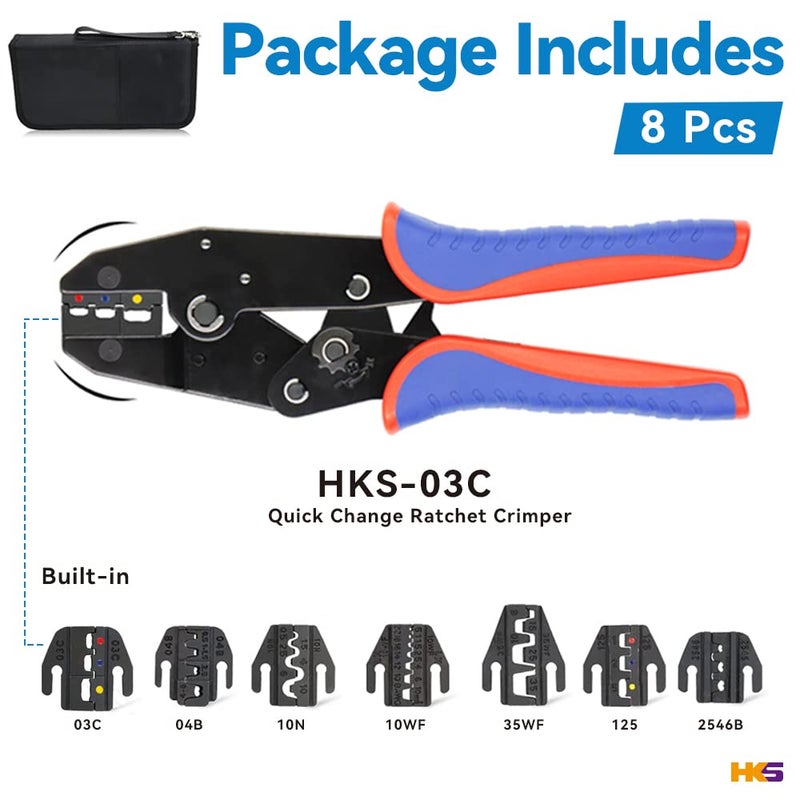 HKS Ratcheting Crimping Tool Set 8 PCS - Quick Exchange Jaw for Heat Shrink Terminals  Non-Insulated  Open Barrel  Solar Conncetors  Insulated and Non-Insulated Ferrules AWG 20-2 - Image 2